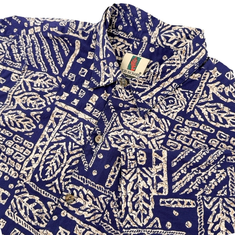Tori Richard Shirt Men XL Blue Tribal Geometric Cotton Lawn Batik Aloha Hawaiian
